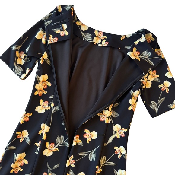 WHBM Black Anthurium Tossed Floral Elbow Sleeve Sheath Dress sz 8 Boat Neck - Picture 9 of 16